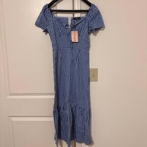 Missguided Womens Tie Front Dress Size 2 White And Blue Gingham Long
